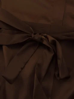 Robe-chemise courte en satin marron à col montant et manches lanternes pour femme 2026