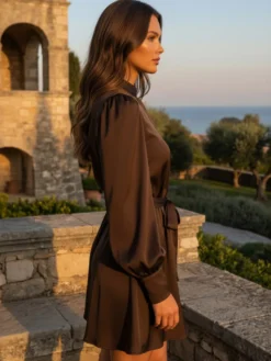 Robe-chemise courte en satin marron à col montant et manches lanternes pour femme 2026