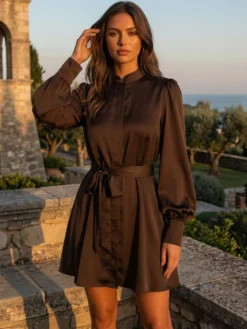 Robe-chemise courte en satin marron à col montant et manches lanternes pour femme 2026