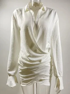 Robe-chemise courte à manches longues et col en V profond pour femme 2026