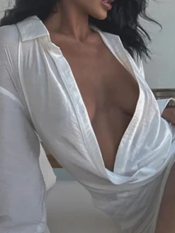 Robe-chemise courte à manches longues et col en V profond pour femme 2026
