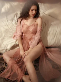 Robe Chemise De Nuit Longue Rose Sexy Dentelle Transparente Lingerie Adulte