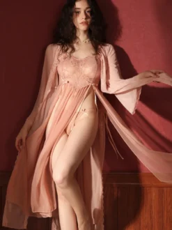 Robe Chemise De Nuit Longue Rose Sexy Dentelle Transparente Lingerie Adulte