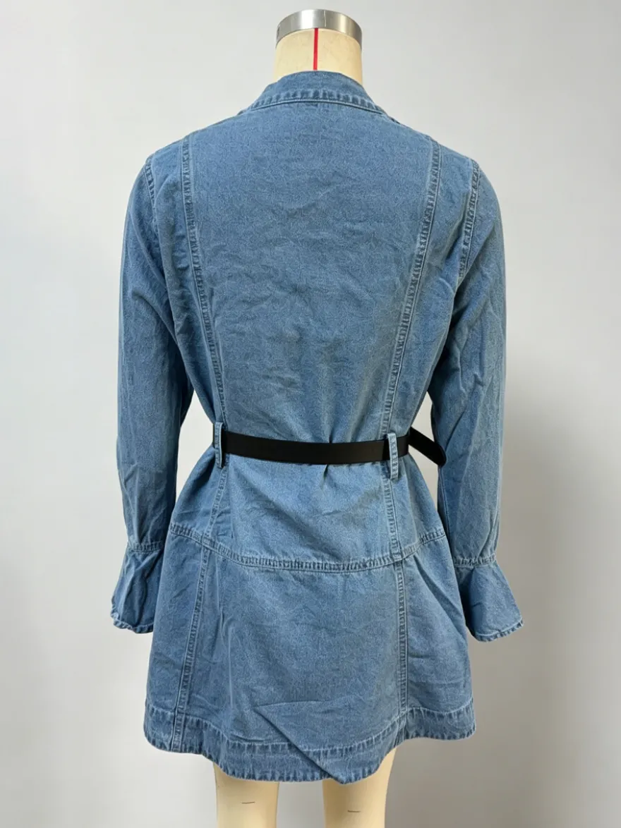 Robe chemise en jean mini à manches cloche pour femme - Bleu clair poignets évasés boutonnée et ceinturée - Collection printemps 2026