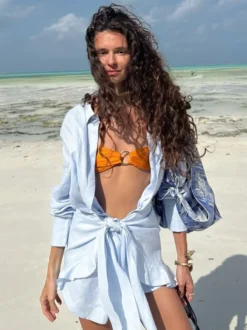 Robe-chemise en pur coton pour femme - Ensemble 2 pièces cache-cœur à nouer sur le devant - Vacances d'été à la plage 2026