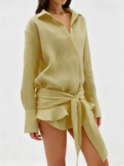 Robe-chemise en pur coton pour femme - Ensemble 2 pièces cache-cœur à nouer sur le devant - Vacances d'été à la plage 2026