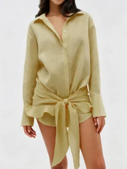 Robe-chemise en pur coton pour femme - Ensemble 2 pièces cache-cœur à nouer sur le devant - Vacances d'été à la plage 2026