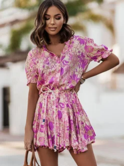 Robe-chemise fleurie éclatante pour femme - Robe patineuse mini à manches bouffantes et ceinture - Idéale pour les vacances d'été décontractées 2026