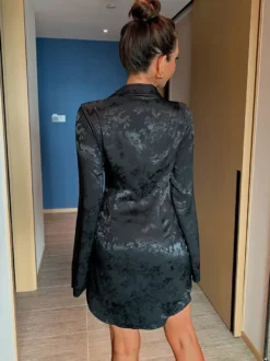 Robe chemise noire en jacquard floral ceinturée mini robes décontractées d'affaires
