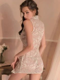 Robe Cheongsam en satin dentelle transparente fente haute mini nuisette moulante