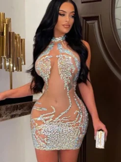 Robe Club Pour Femme Abricot Col Haut Paillettes Sans Manches Robe Sexy Transparente