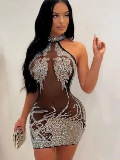 Robe Club Pour Femme Abricot Col Haut Paillettes Sans Manches Robe Sexy Transparente