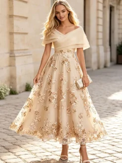 Robe cocktail élégante en dentelle coupe trapèze longueur cheville col en V idéale pour une invitée de mariage.