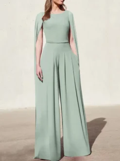 Robe cocktail mariage combinaison de soirée col rond zip sur dos cape longue