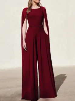 Robe cocktail mariage combinaison de soirée col rond zip sur dos cape longue