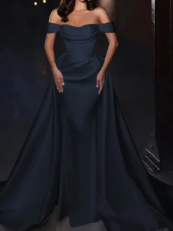 Robe cocktail mariage robe de soirée en satin hors des épaules zip sur dos