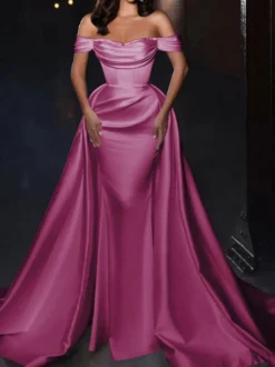 Robe cocktail mariage robe de soirée en satin hors des épaules zip sur dos