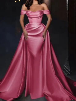 Robe cocktail mariage robe de soirée en satin hors des épaules zip sur dos