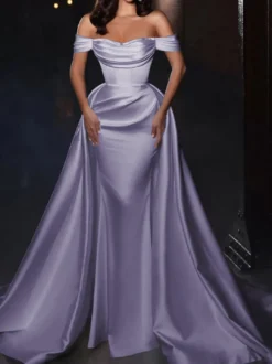 Robe cocktail mariage robe de soirée en satin hors des épaules zip sur dos