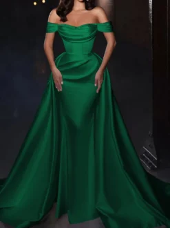 Robe cocktail mariage robe de soirée en satin hors des épaules zip sur dos
