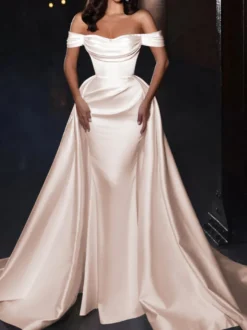 Robe cocktail mariage robe de soirée en satin hors des épaules zip sur dos