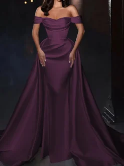 Robe cocktail mariage robe de soirée en satin hors des épaules zip sur dos
