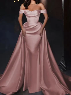 Robe cocktail mariage robe de soirée en satin hors des épaules zip sur dos