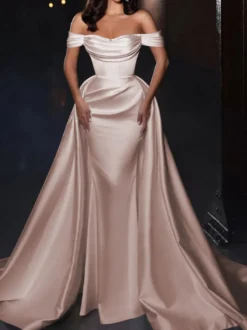Robe cocktail mariage robe de soirée en satin hors des épaules zip sur dos