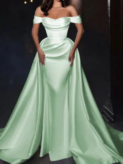 Robe cocktail mariage robe de soirée en satin hors des épaules zip sur dos