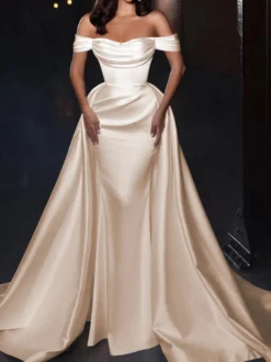Robe cocktail mariage robe de soirée en satin hors des épaules zip sur dos