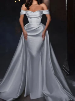 Robe cocktail mariage robe de soirée en satin hors des épaules zip sur dos