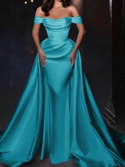 Robe cocktail mariage robe de soirée en satin hors des épaules zip sur dos