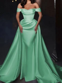 Robe cocktail mariage robe de soirée en satin hors des épaules zip sur dos