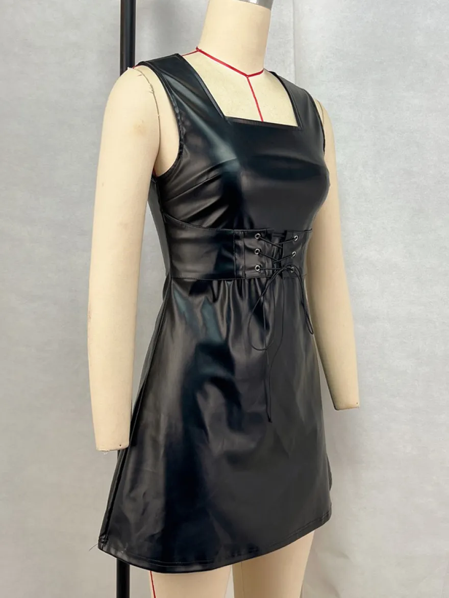 Robe corset en cuir PU sans manches à col carré robe de club courte et sexy pour femmes 2026