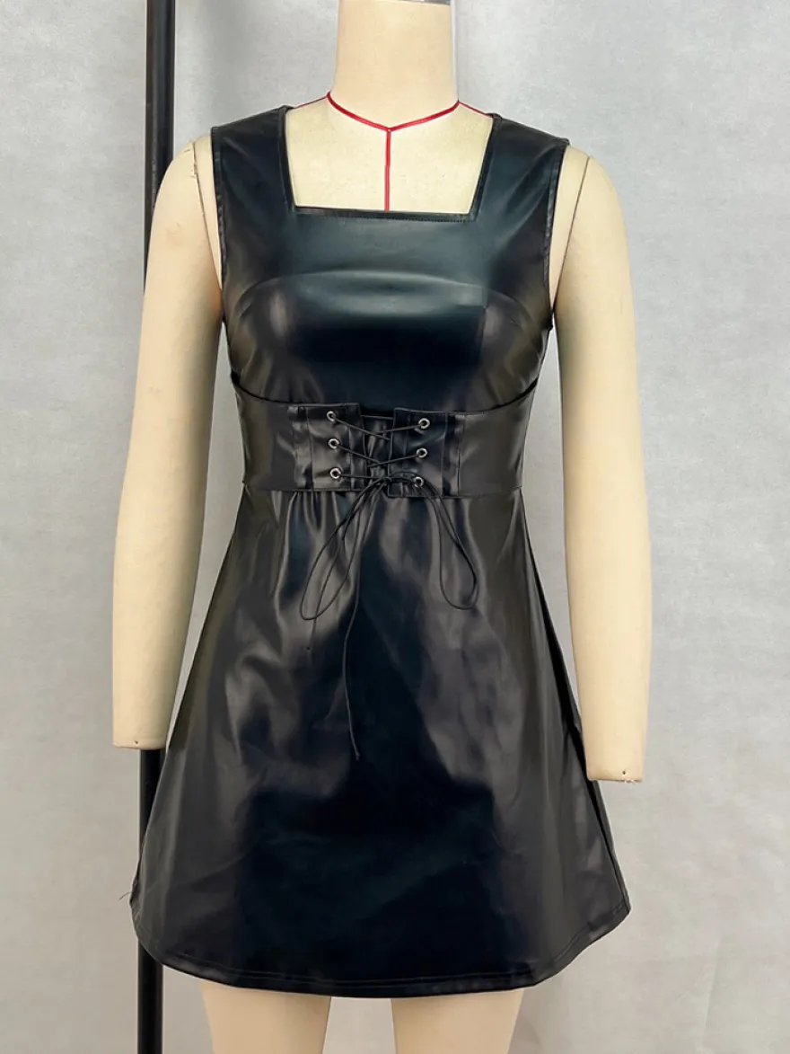 Robe corset en cuir PU sans manches à col carré robe de club courte et sexy pour femmes 2026