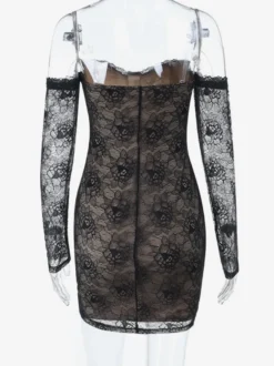 Robe corset en dentelle pour femme - Robe moulante mini noire à épaules dénudées et manches longues - Tenue de soirée printanière 2026