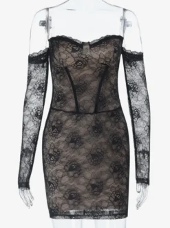 Robe corset en dentelle pour femme - Robe moulante mini noire à épaules dénudées et manches longues - Tenue de soirée printanière 2026