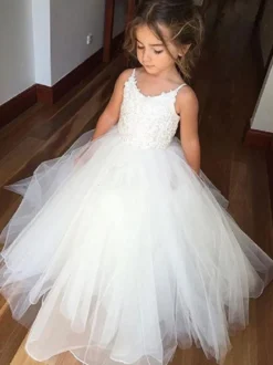 Robe cortège enfant blanche à bretelle en tulle Robe fille de fleur