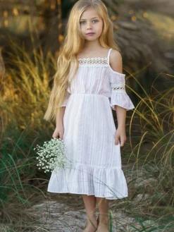 Robe cortège enfant boho robe cérémonie enfant Polyester Découpe Décolleté conçu Manches courtes Blanc