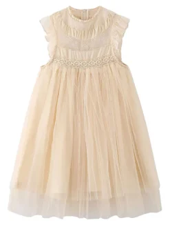 Robe cortège enfant boho robe cérémonie enfant en coton mélangé découpée décolleté conçu sans manches marron