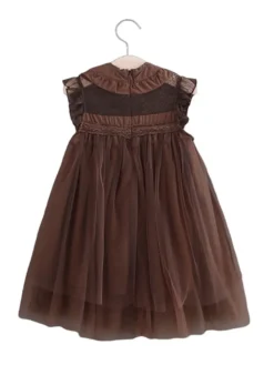Robe cortège enfant boho robe cérémonie enfant en coton mélangé découpée décolleté conçu sans manches marron