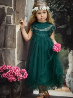Robe cortège enfant boho robe cérémonie enfant en coton mélangé découpée décolleté conçu sans manches marron