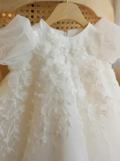 Robe cortège enfant ivoire robe de soirée mariage pour fille col rond manche courte zip sur dos