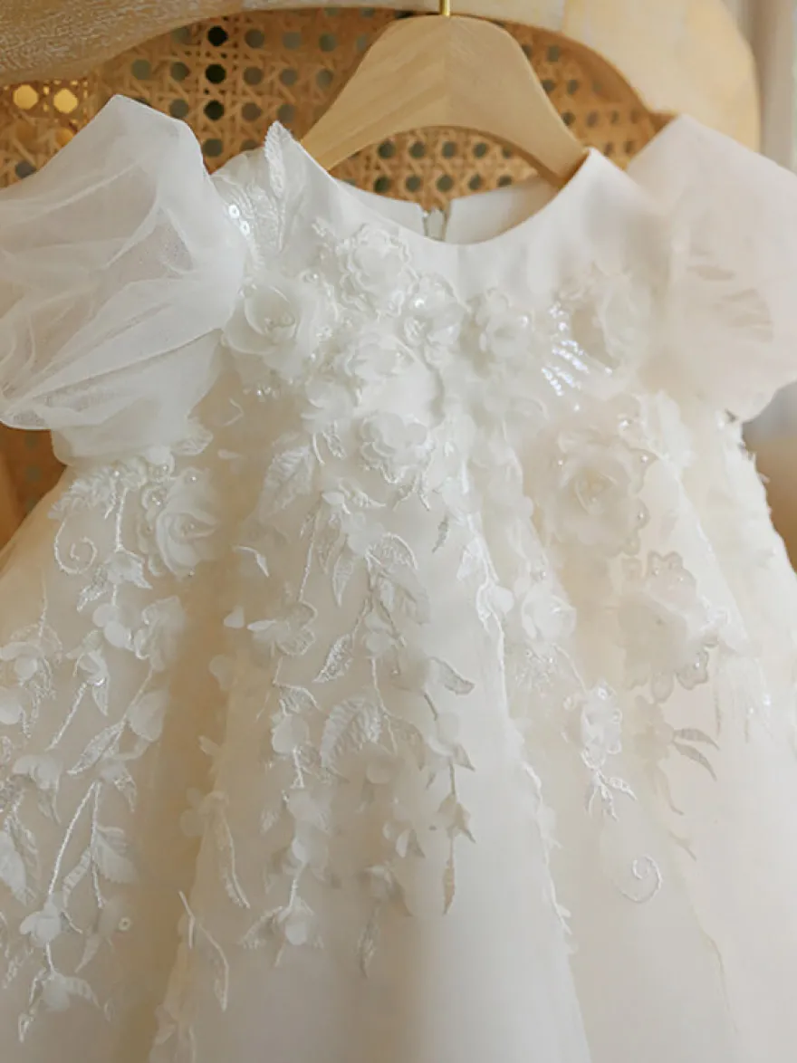 Robe cortège enfant ivoire robe de soirée mariage pour fille col rond manche courte zip sur dos