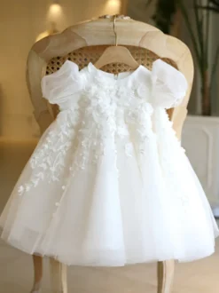Robe cortège enfant ivoire robe de soirée mariage pour fille col rond manche courte zip sur dos