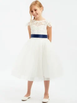 Robe cortège enfant Robe baptême fille col rond en dentelle nœud sur dos