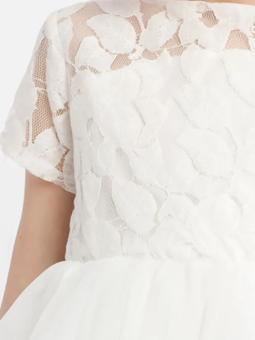 Robe cortège enfant Robe baptême fille col rond manche courte dos en forme de coeur