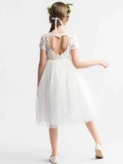Robe cortège enfant Robe baptême fille col rond manche courte dos en forme de coeur