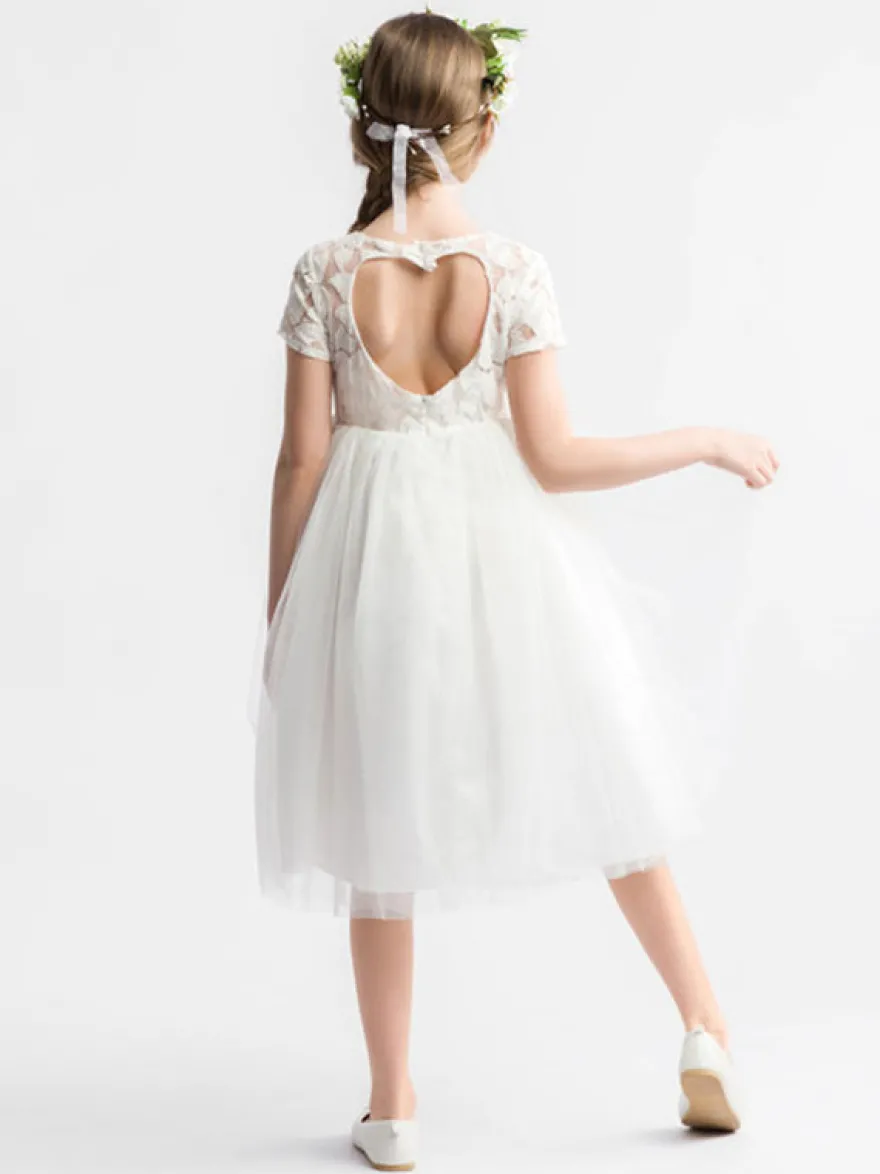 Robe cortège enfant Robe baptême fille col rond manche courte dos en forme de coeur
