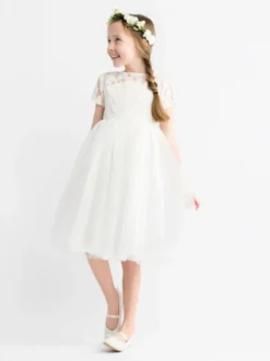 Robe cortège enfant Robe baptême fille col rond manche courte dos en forme de coeur